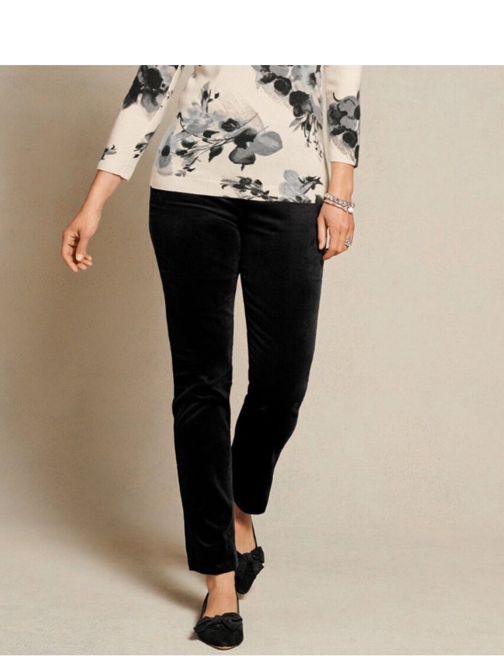 Talbots Pants - black velvet flat front skinny w/ankle slits